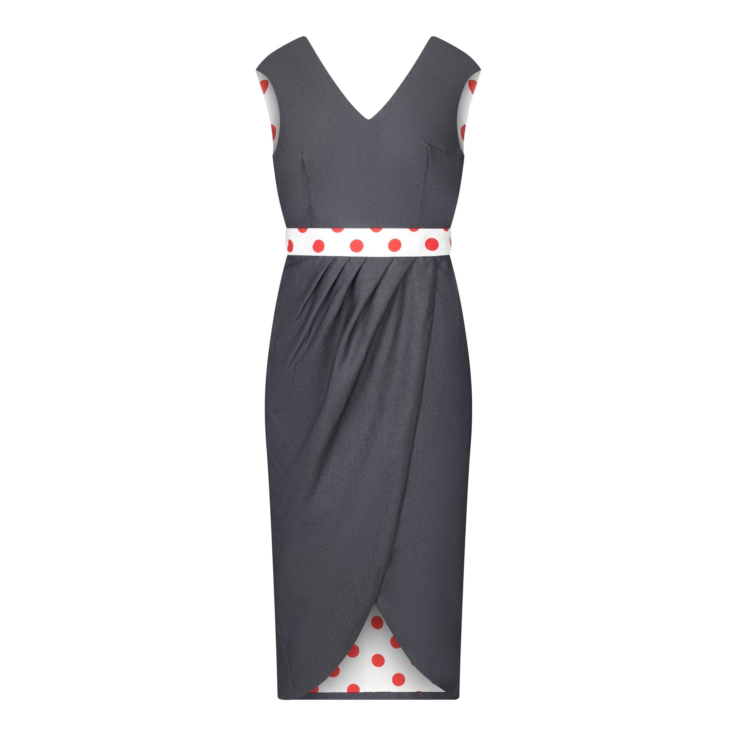 Denim Illusion wrap dress with White and Red Spot contrast fabric, front view