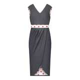 Denim Illusion wrap dress with White and Red Spot contrast fabric, front view