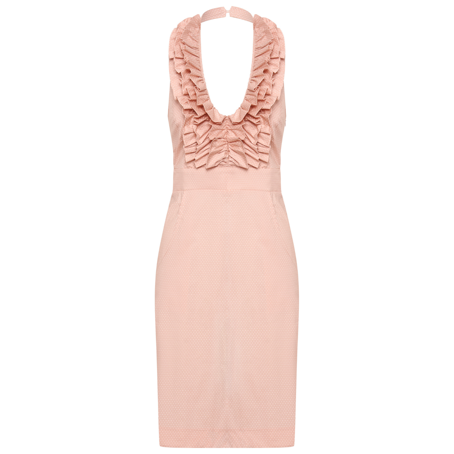 Betsy Beauty Frill Neck Halter Dress in Pink Pin Spot