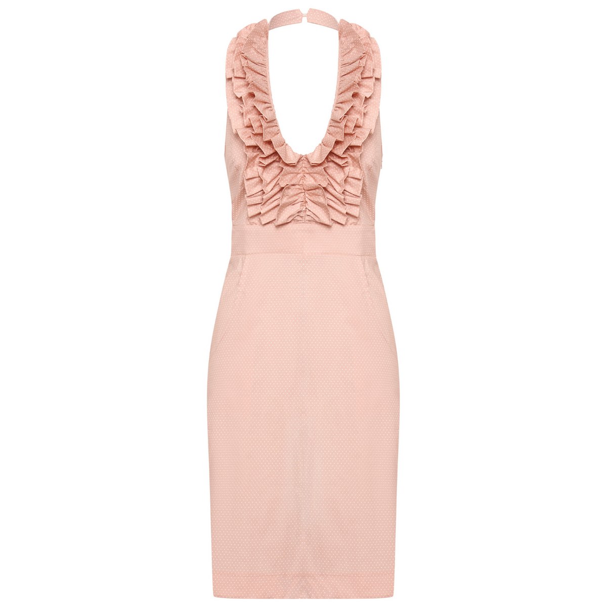 Betsy Beauty Frill Neck Halter Dress in Pink Pin Spot