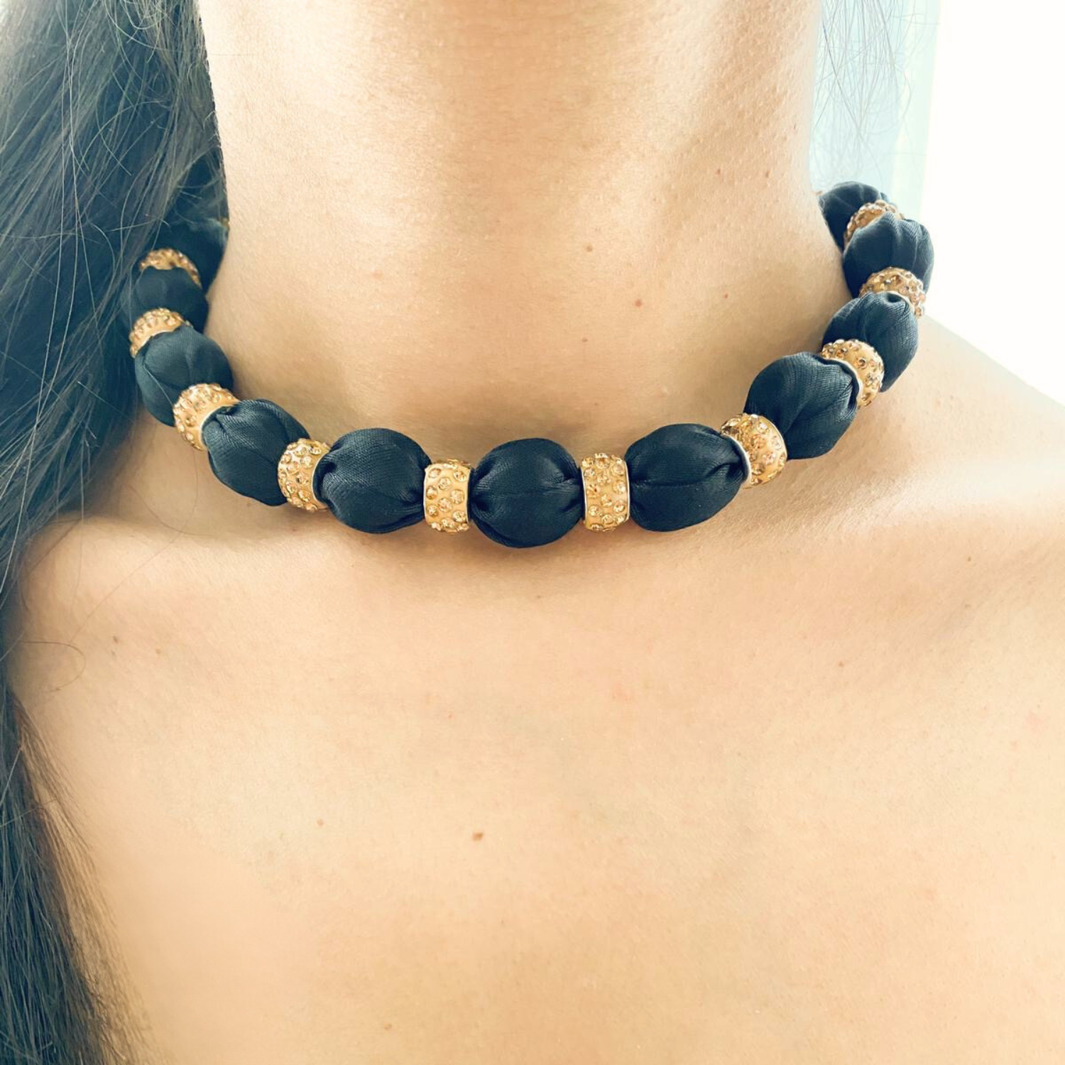 Crystal Embellished Beaded Necklace on Luxe Black Satin with White Crystals