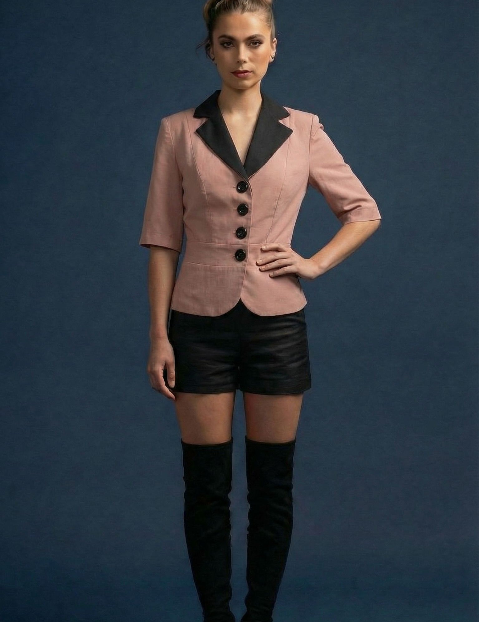 Woman wearing a pink blazer with black lapels, black shorts, and black knee-high boots on a blue background