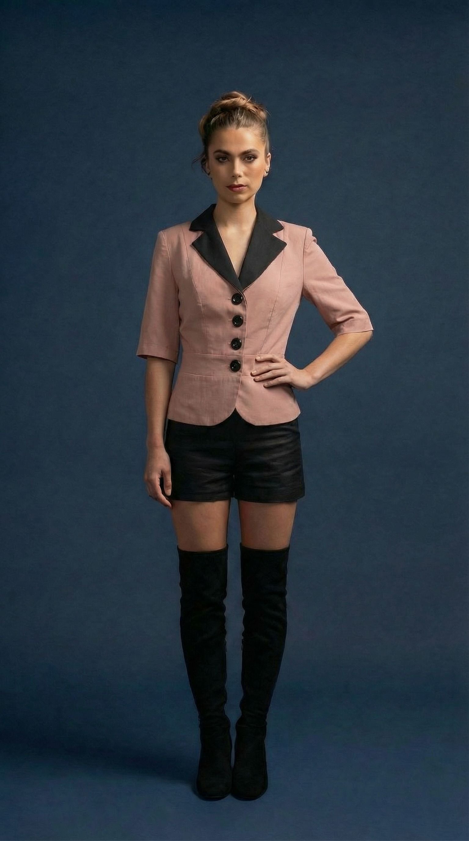 Woman wearing a pink blazer with black lapels, black shorts, and black knee-high boots on a blue background