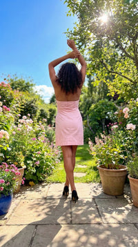 Betsy Beauty Frill Neck Halter Dress in Pink Pin Spot