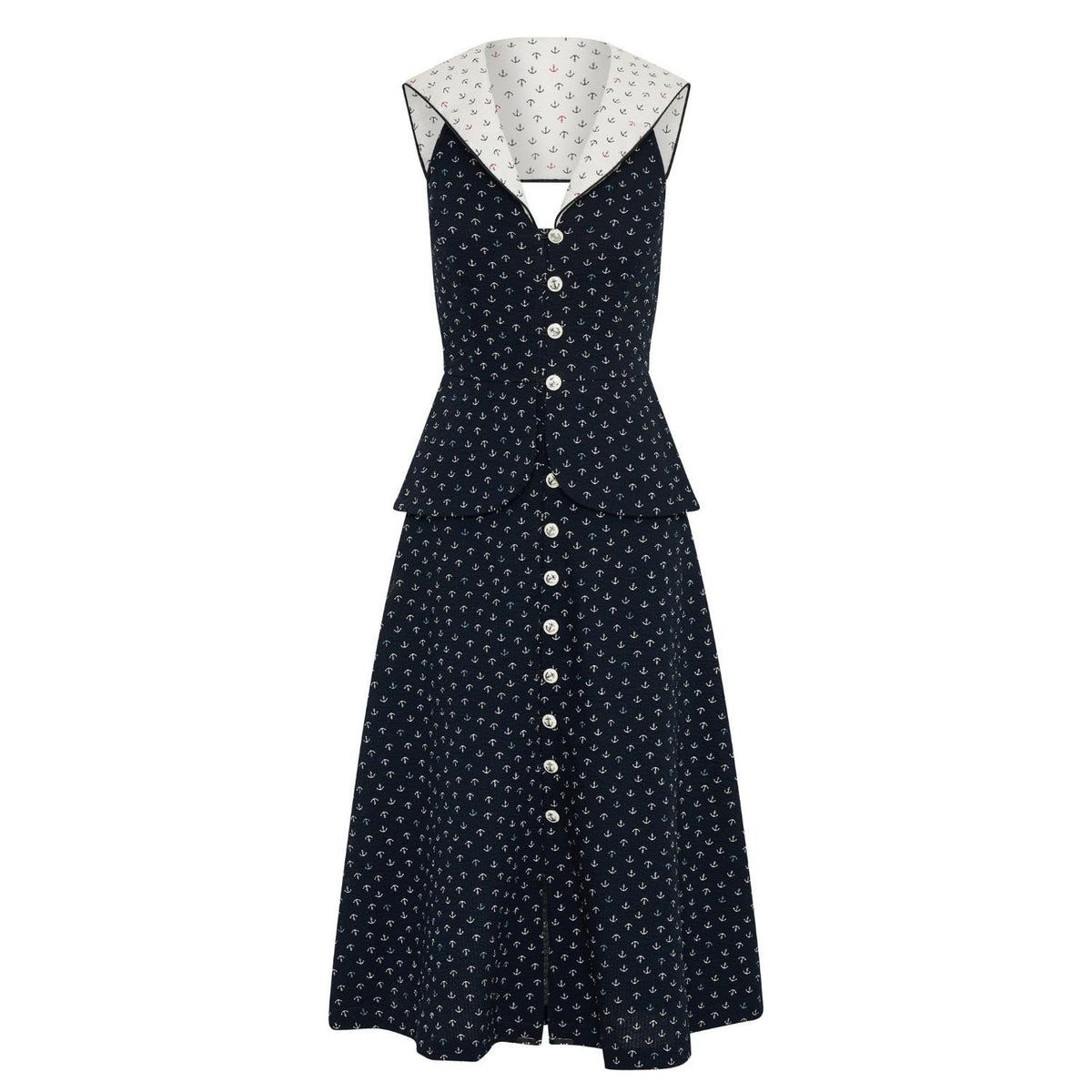 Loretta Laughing Anchor Print Midi Dress with Peplum Frill