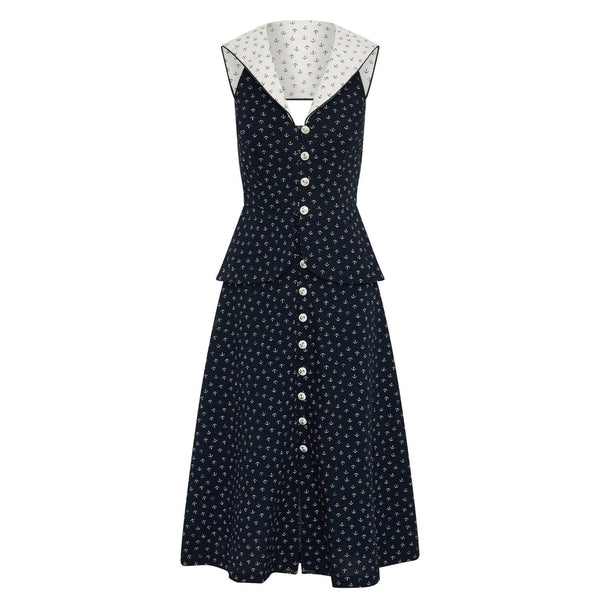 Loretta Laughing Anchor Print Midi Dress with Peplum Frill