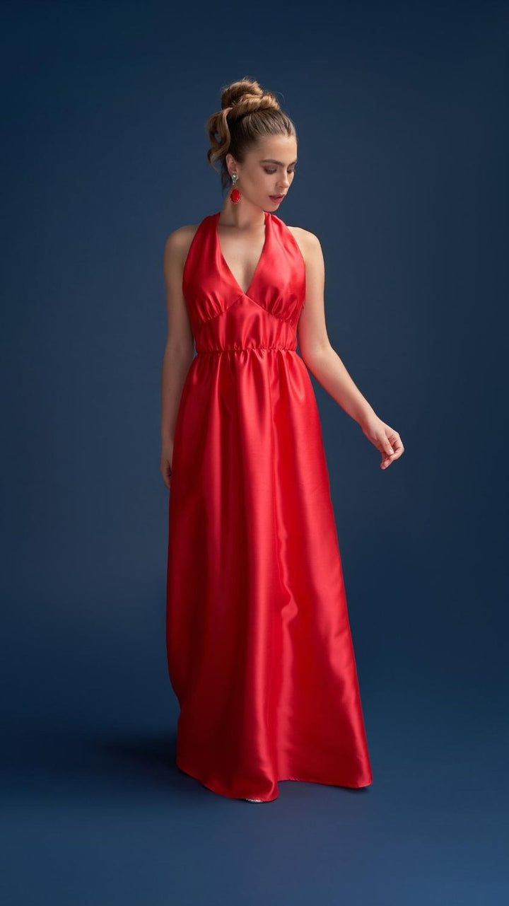Odette Halter Full length Silk Gown in Red main image 1