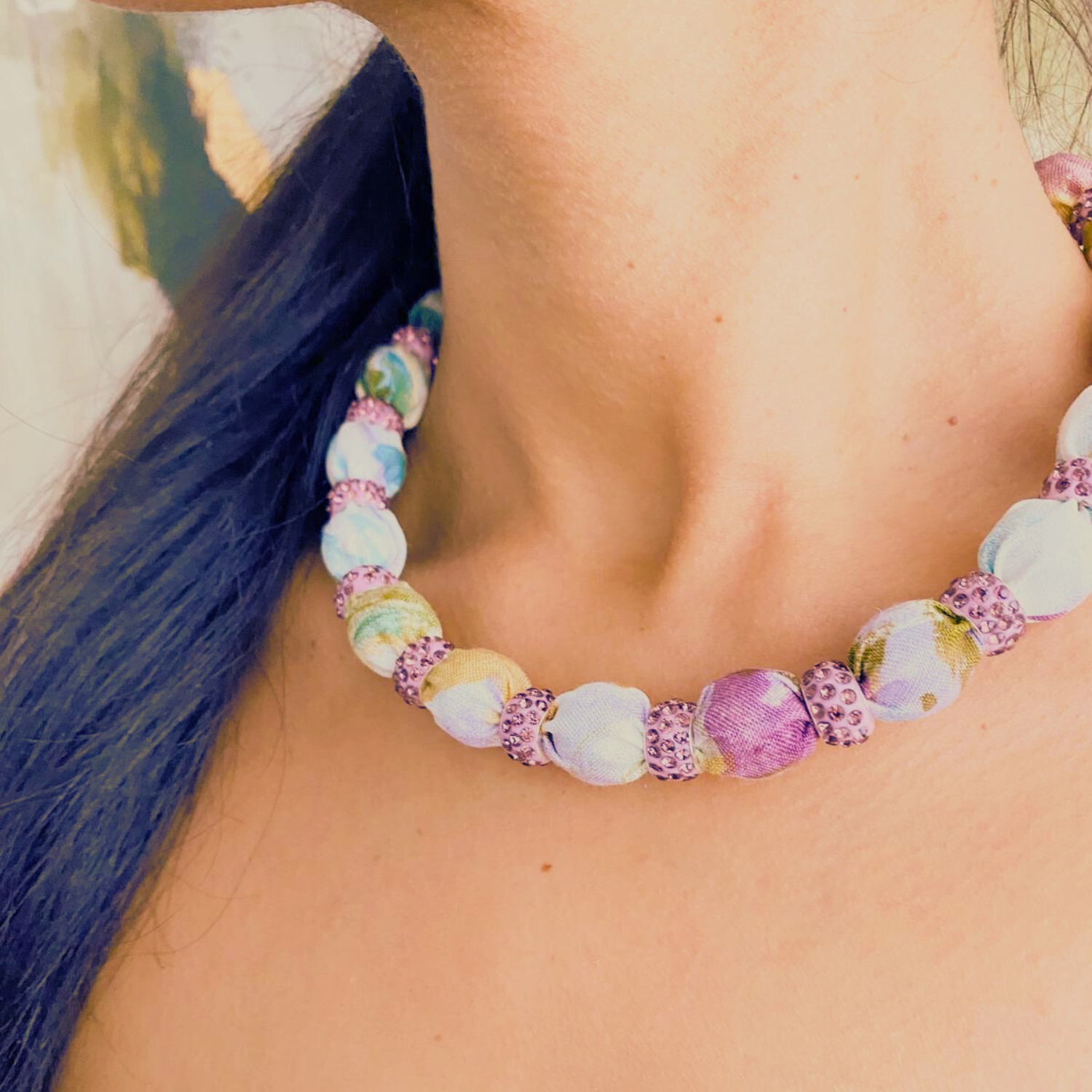 Crystal Embellished Beaded Necklace on Floral Purple Print