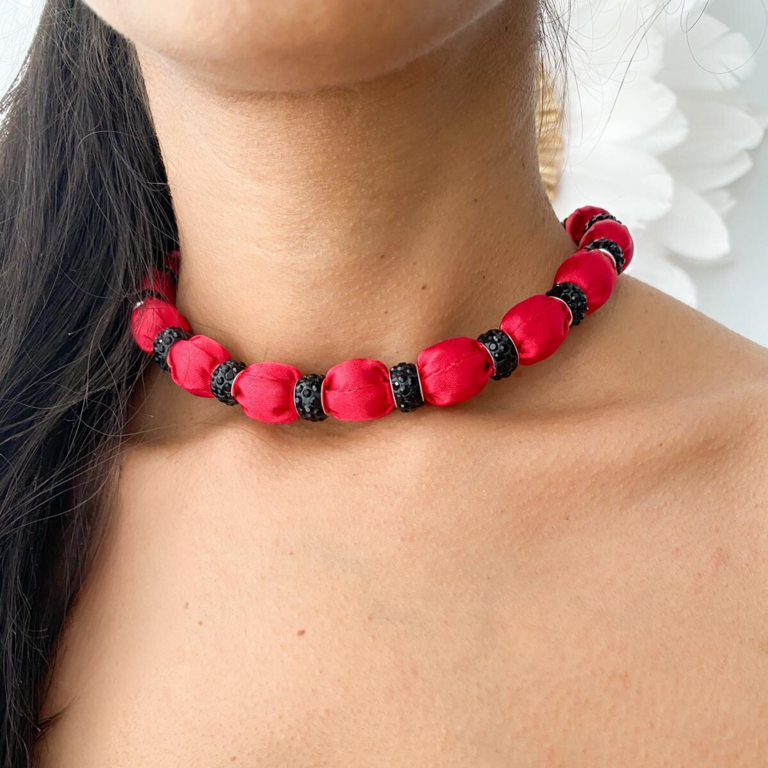 Crystal Embellished Beaded Necklace on Luxe Red Satin with Black Crystals