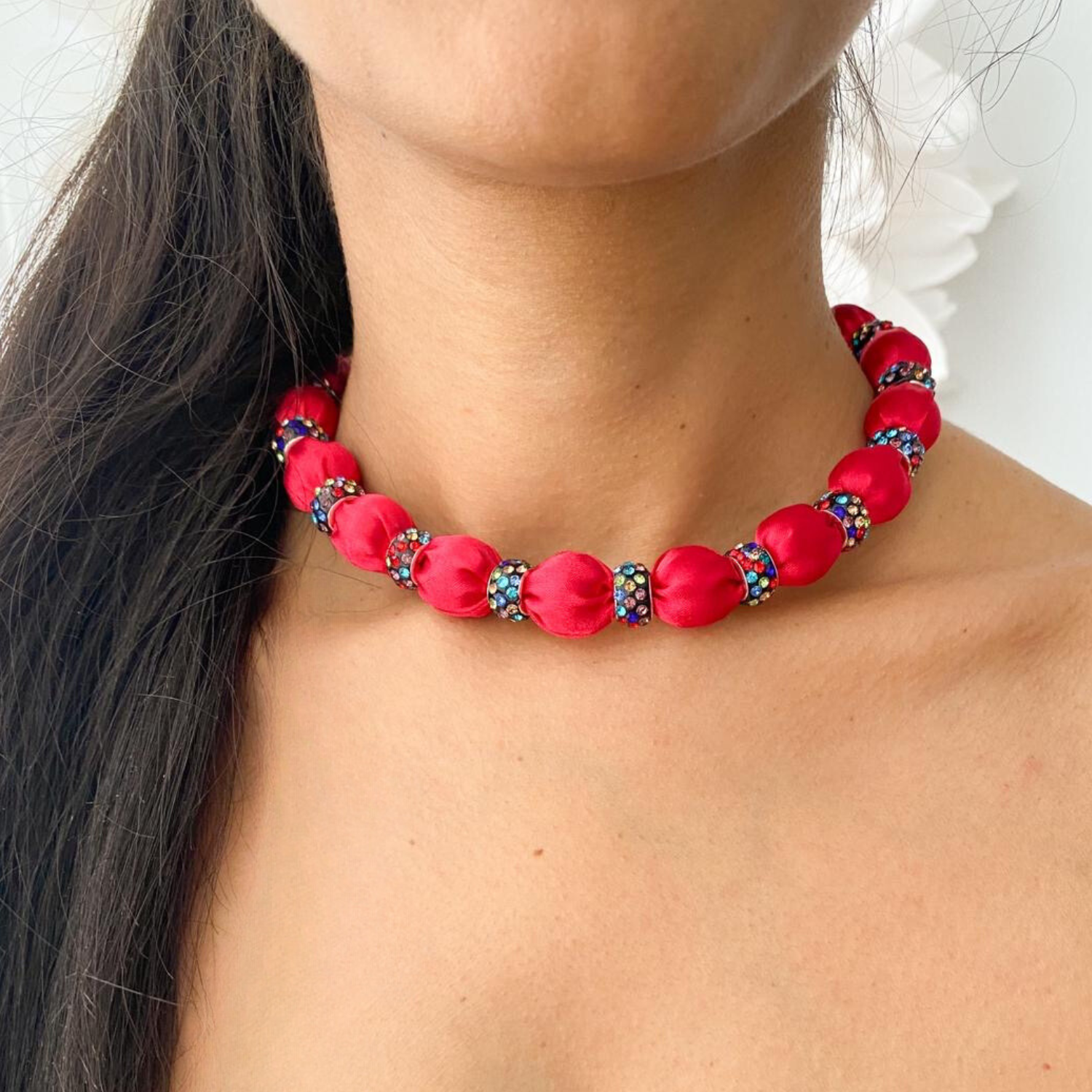 Crystal Embellished Beaded Necklace on Luxe Red Satin with Multi-Colour Crystals