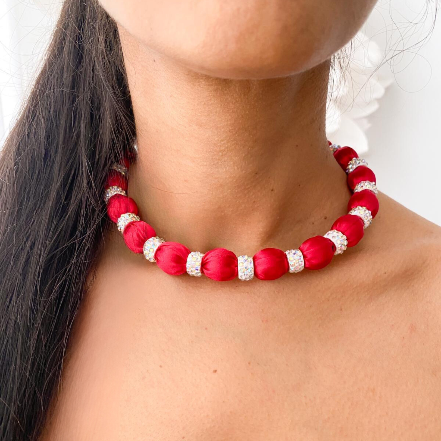 Crystal Embellished Beaded Necklace on Luxe Red Satin with White Crystals
