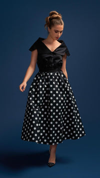 Tatiana Twirling dress with Cape Collar and Full skirt in Black & White Polka Dot