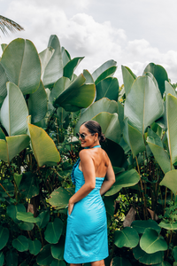 Betsy Beauty Frill Neck Halter Dress in Teal Pin Spot