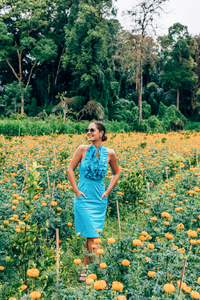 Betsy Beauty Frill Neck Halter Dress in Teal Pin Spot