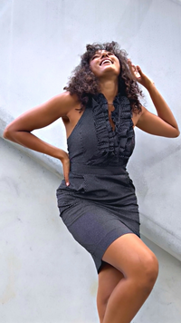 Betsy Beauty Frill Neck Halter Dress in Black Pin Spot