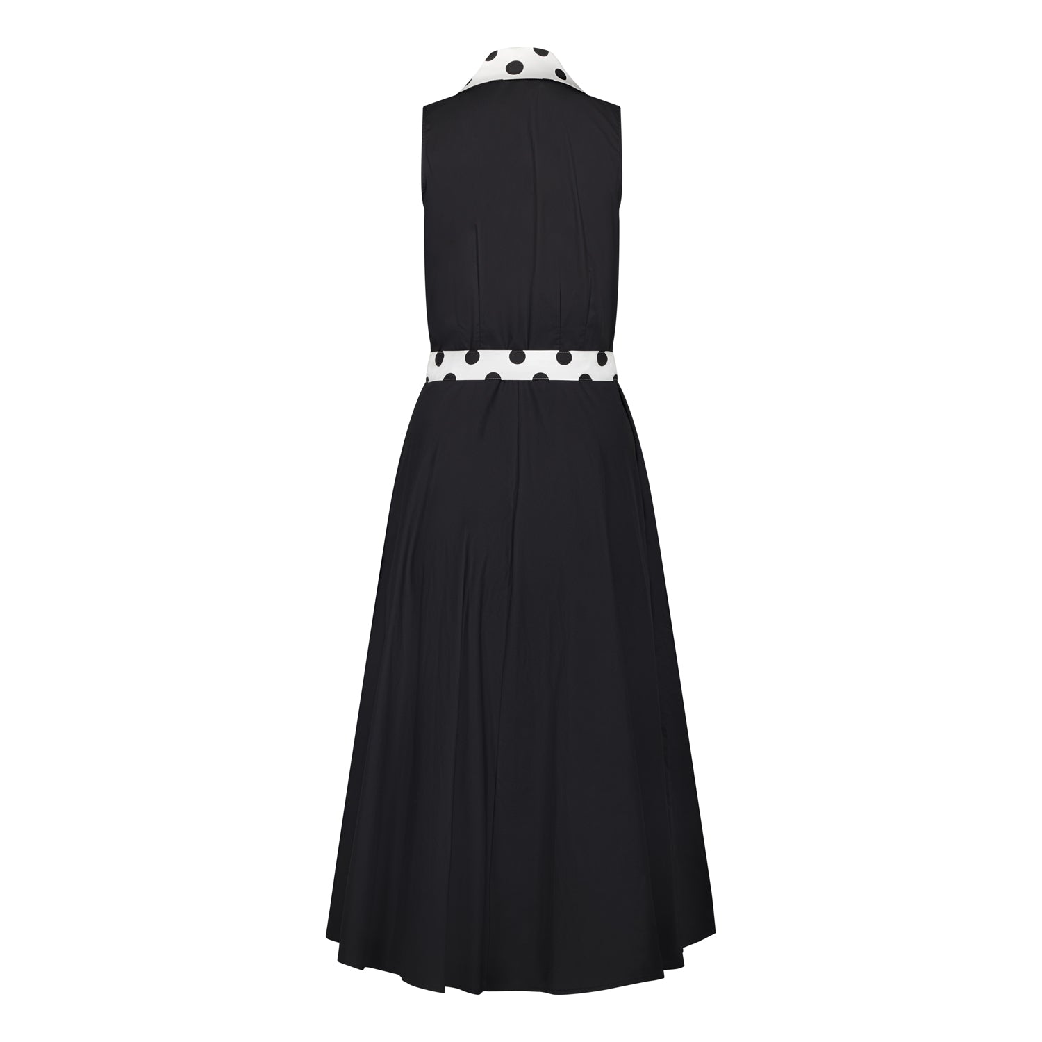 Ghost image, back view of black fit and flare polka dot midi dress.  Collar and belt is white with black polka dots and main dress is all black with white buttons on centre front. 