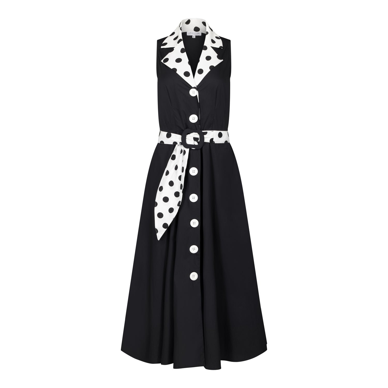Ghost image, front view of black fit and flare polka dot midi dress.  Collar and belt is white with black polka dots and main dress is all black with white buttons on centre front. 
