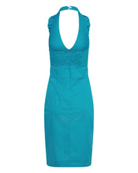 Betsy Beauty Frill Neck Halter Dress in Teal Pin Spot