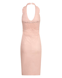 Betsy Beauty Frill Neck Halter Dress in Pink Pin Spot